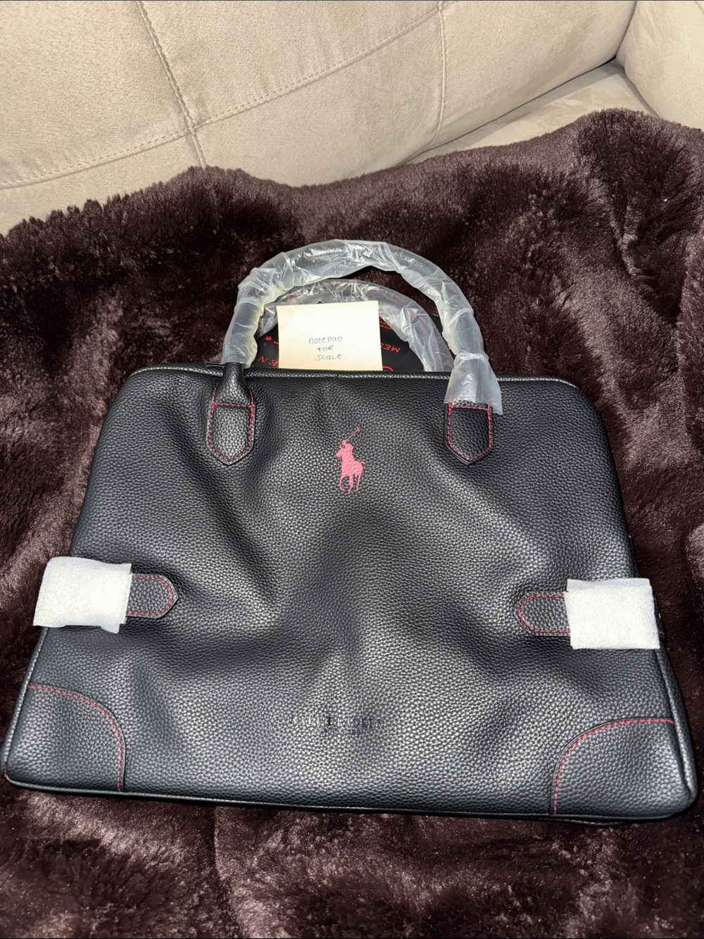 Polo by Ralph Lauren Black Faux Leather Messenger Bag with Pink Logo